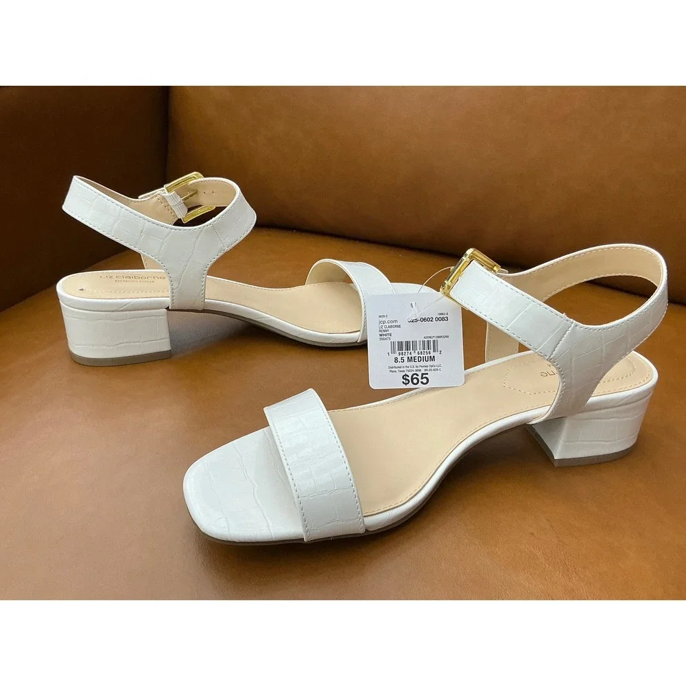 Liz Claiborne Renny Sandals Womens 8.5 White New Croc Embossed Block Heel Z0869